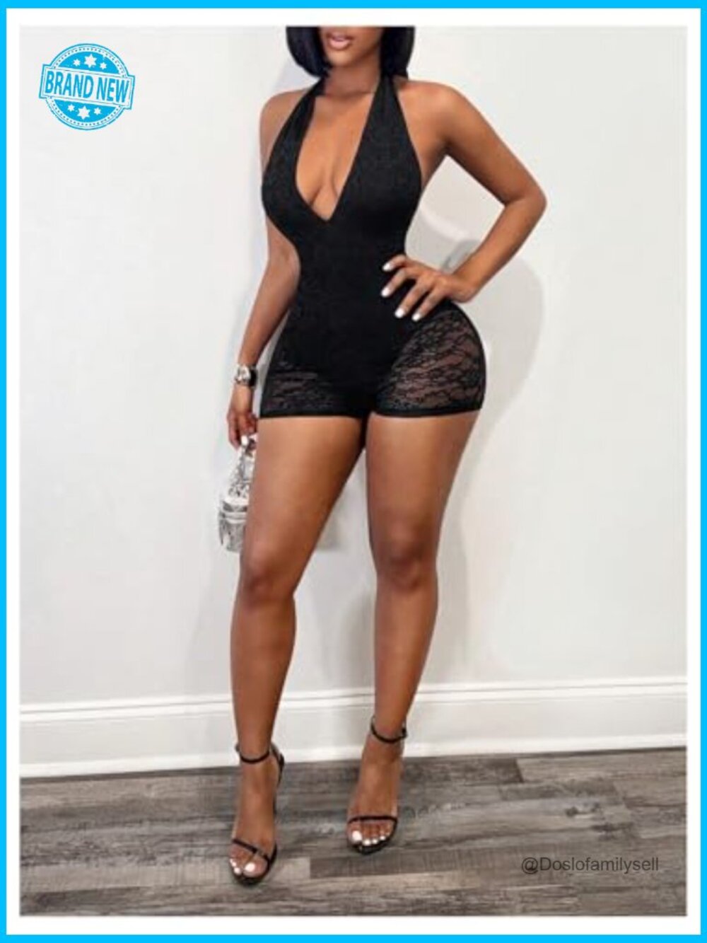 Lace Halter Romper Deep V Neck Backless Bodycon Short Jumpsuit Rave Clubwear - Picture 4 of 6